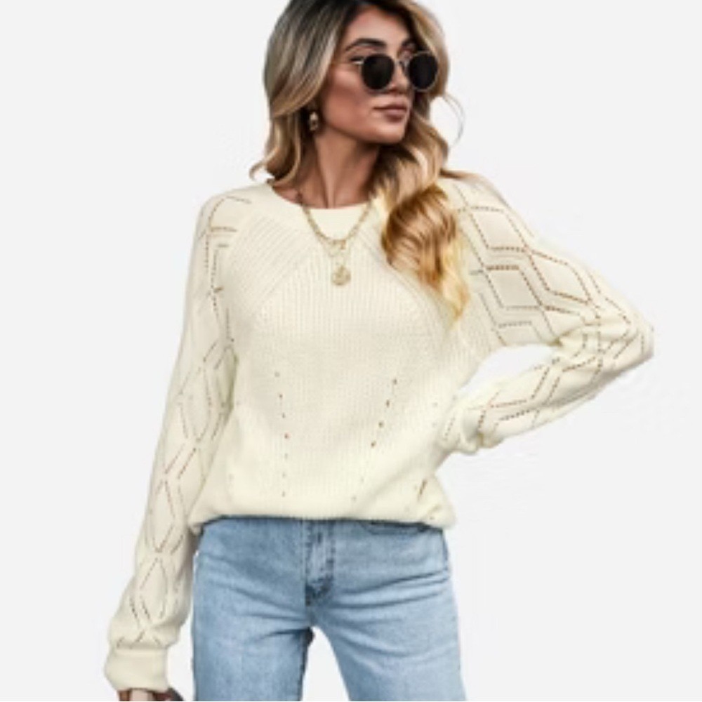 Cream White Diamond Pointelle Knit Raglan Sleeve Crew Neck Sweater Boho Relaxed
